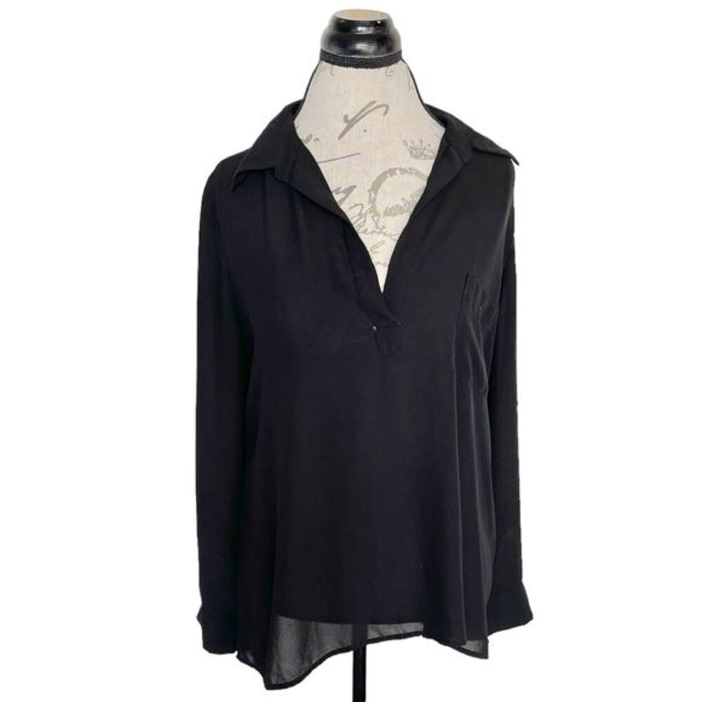 Pleione Womens Blouse High Low Tunic Black Sz Small Long Sleeve Notched Neck